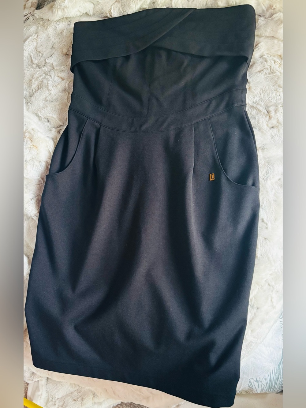 Stunning Strapless Black Women’s Dress with Fold-Over Bodice and Pockets